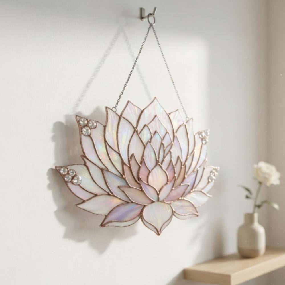 Iridescent Lotus Flower Suncatcher, Stained Glass Style Window Hanging, Zen Yoga Meditation Decor, Spiritual Gift, Boho Flower Art YB1603 - Media 2