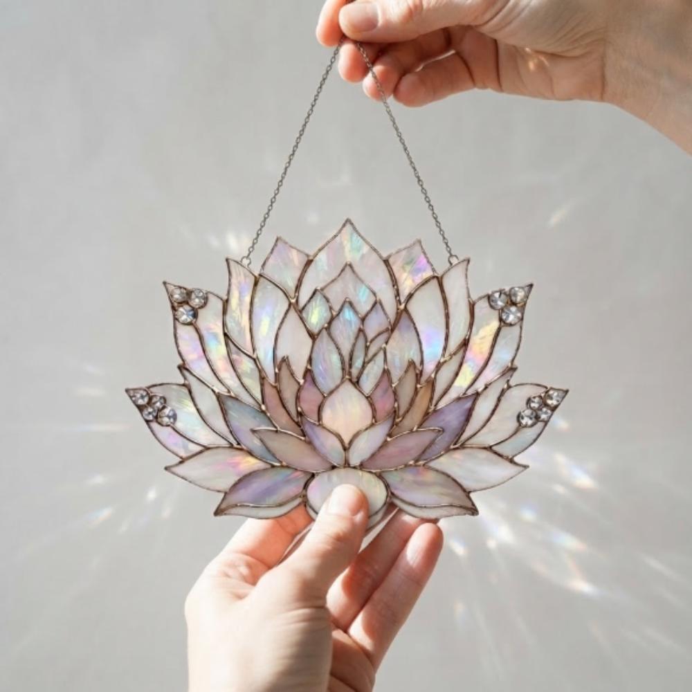 Iridescent Lotus Flower Suncatcher, Stained Glass Style Window Hanging, Zen Yoga Meditation Decor, Spiritual Gift, Boho Flower Art YB1603 - Media 4