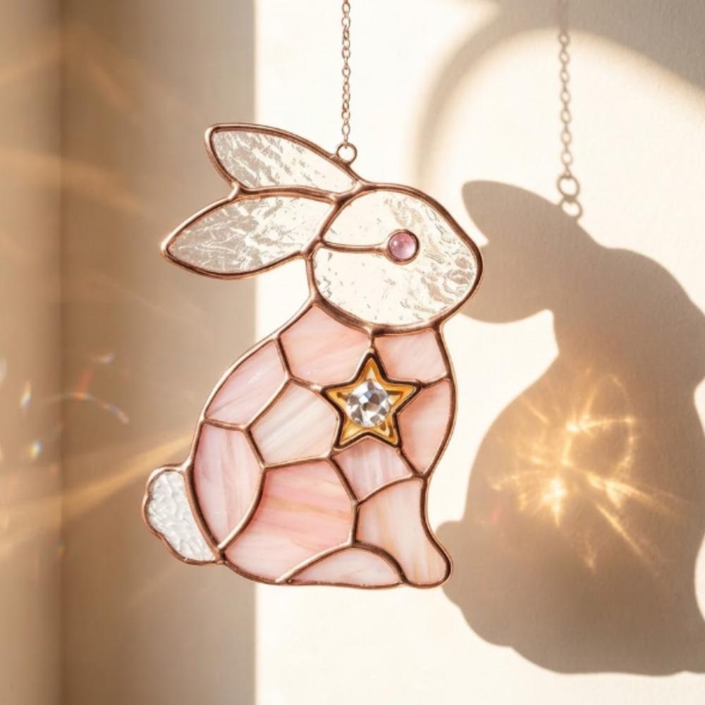 Stained Glass Bunny Suncatcher, Pink Rabbit Window Hanging with Star Crystal, Easter Decor, Nursery Wall Art, Whimsical Rabbit Gift YB1603