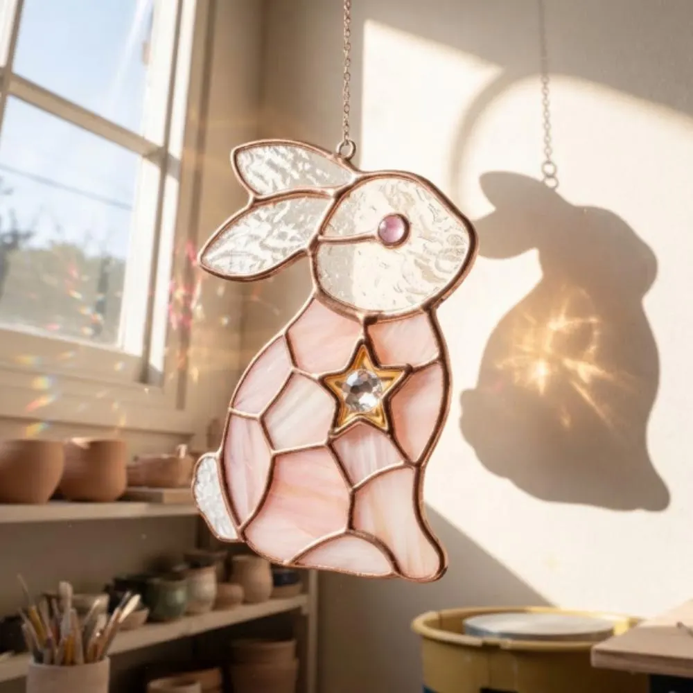 Stained Glass Bunny Suncatcher, Pink Rabbit Window Hanging with Star Crystal, Easter Decor, Nursery Wall Art, Whimsical Rabbit Gift YB1603 - Media 2