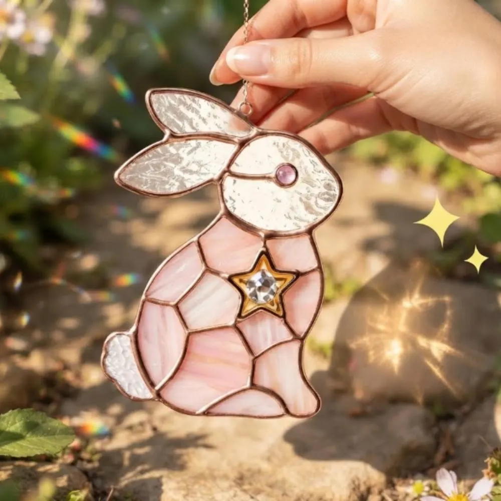 Stained Glass Bunny Suncatcher, Pink Rabbit Window Hanging with Star Crystal, Easter Decor, Nursery Wall Art, Whimsical Rabbit Gift YB1603 - Media 3