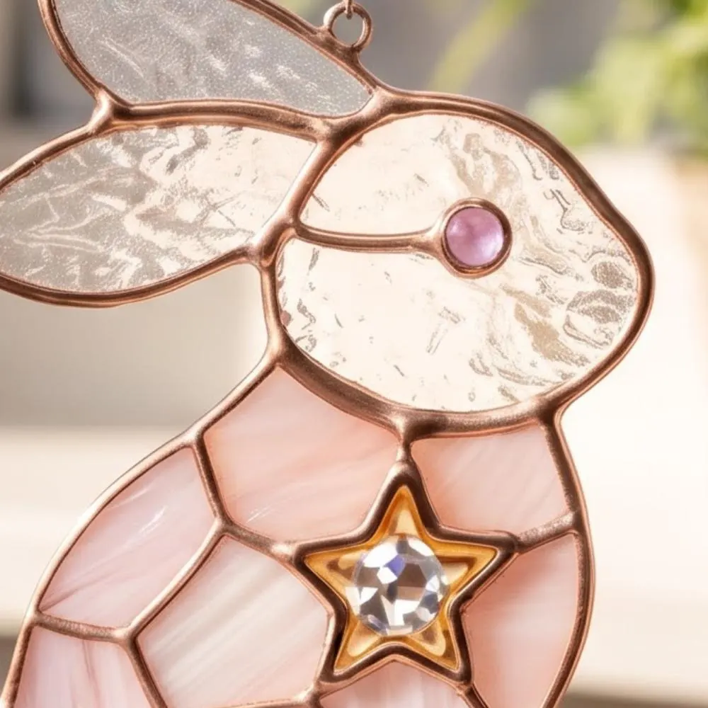 Stained Glass Bunny Suncatcher, Pink Rabbit Window Hanging with Star Crystal, Easter Decor, Nursery Wall Art, Whimsical Rabbit Gift YB1603 - Media 4