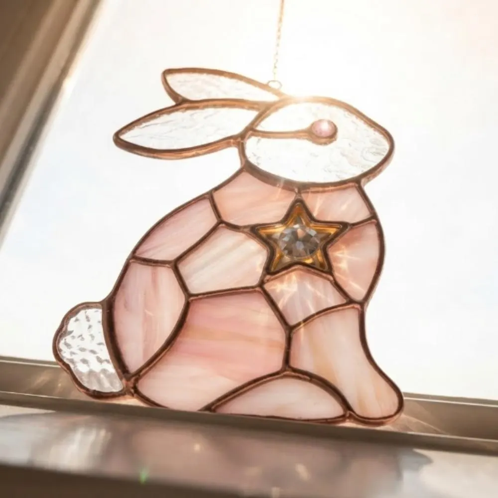 Stained Glass Bunny Suncatcher, Pink Rabbit Window Hanging with Star Crystal, Easter Decor, Nursery Wall Art, Whimsical Rabbit Gift YB1603 - Media 5