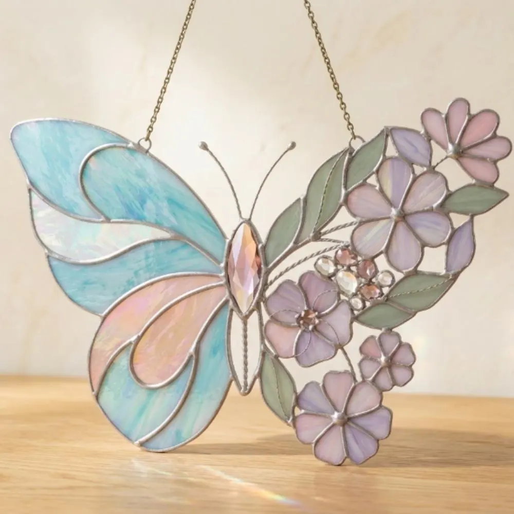 Stained Glass Butterfly Suncatcher, Iridescent Butterfly Window Hanging, Floral Butterfly Art, Motherâs Day Gift, Boho Home Decor YB1603