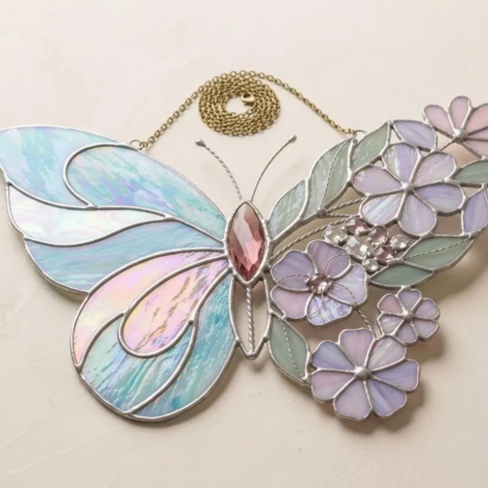Stained Glass Butterfly Suncatcher, Iridescent Butterfly Window Hanging, Floral Butterfly Art, Motherâs Day Gift, Boho Home Decor YB1603 - Media 2