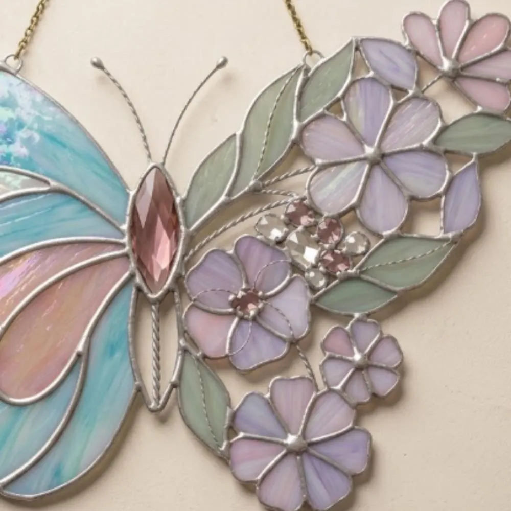 Stained Glass Butterfly Suncatcher, Iridescent Butterfly Window Hanging, Floral Butterfly Art, Motherâs Day Gift, Boho Home Decor YB1603 - Media 3