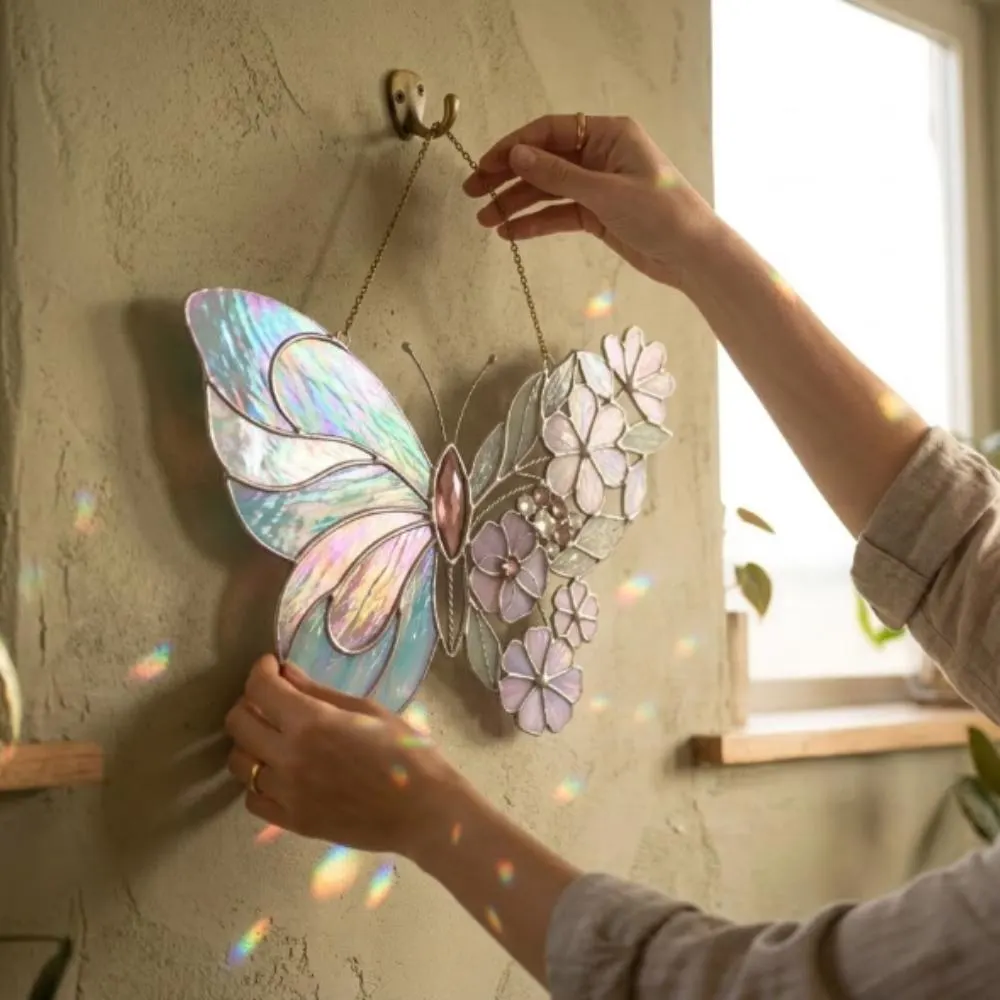 Stained Glass Butterfly Suncatcher, Iridescent Butterfly Window Hanging, Floral Butterfly Art, Motherâs Day Gift, Boho Home Decor YB1603 - Media 4