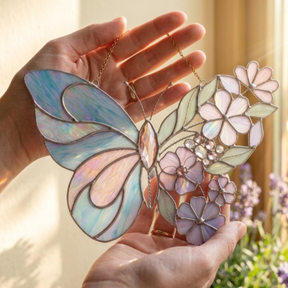 Stained Glass Butterfly Suncatcher, Iridescent Butterfly Window Hanging, Floral Butterfly Art, Motherâs Day Gift, Boho Home Decor YB1603 - Media 5