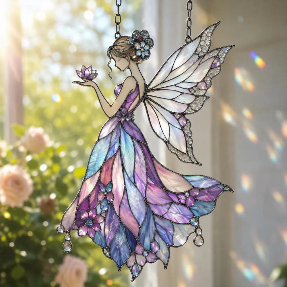 Stained Glass Fairy Suncatcher, Purple Iridescent Window Hanging, Whimsical Fairy Garden Decor, Magical Sun Catcher Ornament YB1603