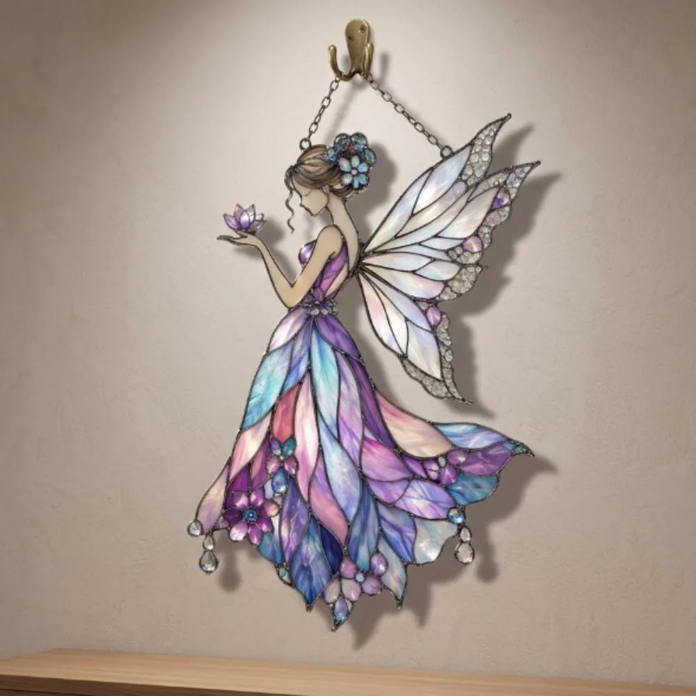 Stained Glass Fairy Suncatcher, Purple Iridescent Window Hanging, Whimsical Fairy Garden Decor, Magical Sun Catcher Ornament YB1603 - Media 2