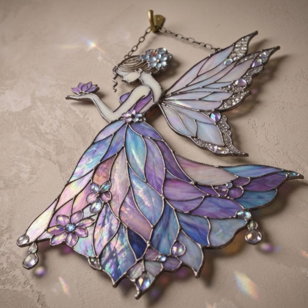 Stained Glass Fairy Suncatcher, Purple Iridescent Window Hanging, Whimsical Fairy Garden Decor, Magical Sun Catcher Ornament YB1603 - Media 3