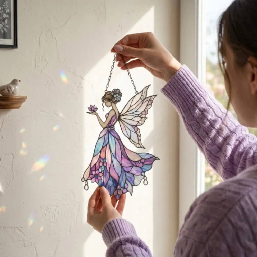 Stained Glass Fairy Suncatcher, Purple Iridescent Window Hanging, Whimsical Fairy Garden Decor, Magical Sun Catcher Ornament YB1603 - Media 4