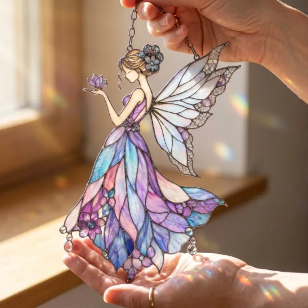Stained Glass Fairy Suncatcher, Purple Iridescent Window Hanging, Whimsical Fairy Garden Decor, Magical Sun Catcher Ornament YB1603 - Media 5