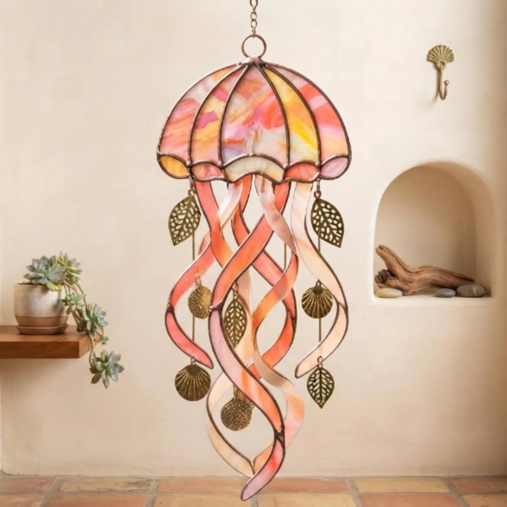 Stained Glass Jellyfish Suncatcher, Pink & Orange Coastal Window Hanging, Handmade Ocean Art Decor, Beach House Gift YB1603