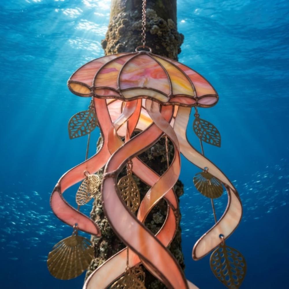 Stained Glass Jellyfish Suncatcher, Pink & Orange Coastal Window Hanging, Handmade Ocean Art Decor, Beach House Gift YB1603 - Media 2