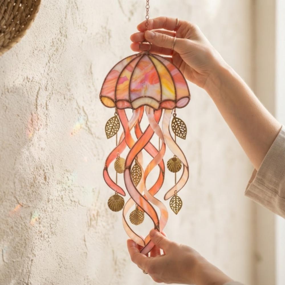 Stained Glass Jellyfish Suncatcher, Pink & Orange Coastal Window Hanging, Handmade Ocean Art Decor, Beach House Gift YB1603 - Media 3