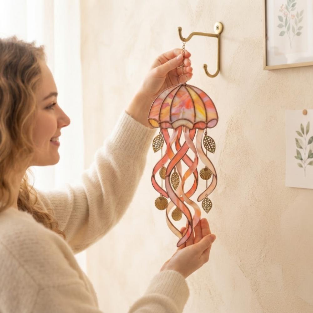 Stained Glass Jellyfish Suncatcher, Pink & Orange Coastal Window Hanging, Handmade Ocean Art Decor, Beach House Gift YB1603 - Media 4