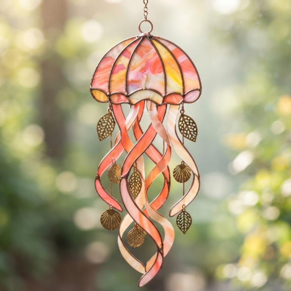 Stained Glass Jellyfish Suncatcher, Pink & Orange Coastal Window Hanging, Handmade Ocean Art Decor, Beach House Gift YB1603 - Media 5