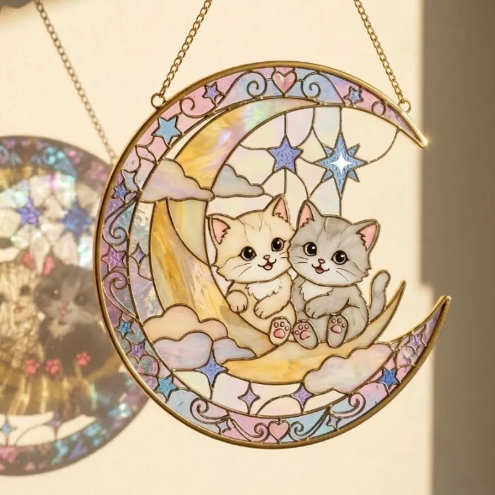 Two Kittens on Crescent Moon Stained Glass Suncatcher, Celestial Cat Window Hanging, Iridescent Moon & Stars Art, Unique Gift YB1603