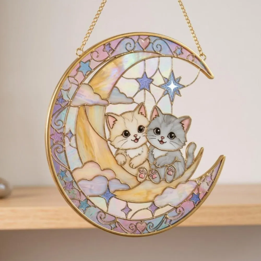 Two Kittens on Crescent Moon Stained Glass Suncatcher, Celestial Cat Window Hanging, Iridescent Moon & Stars Art, Unique Gift YB1603 - Media 2