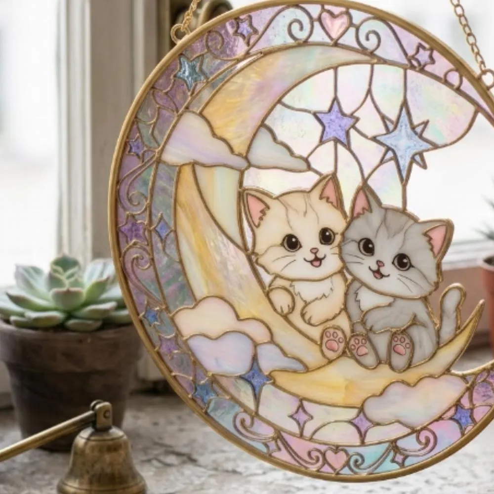Two Kittens on Crescent Moon Stained Glass Suncatcher, Celestial Cat Window Hanging, Iridescent Moon & Stars Art, Unique Gift YB1603 - Media 3