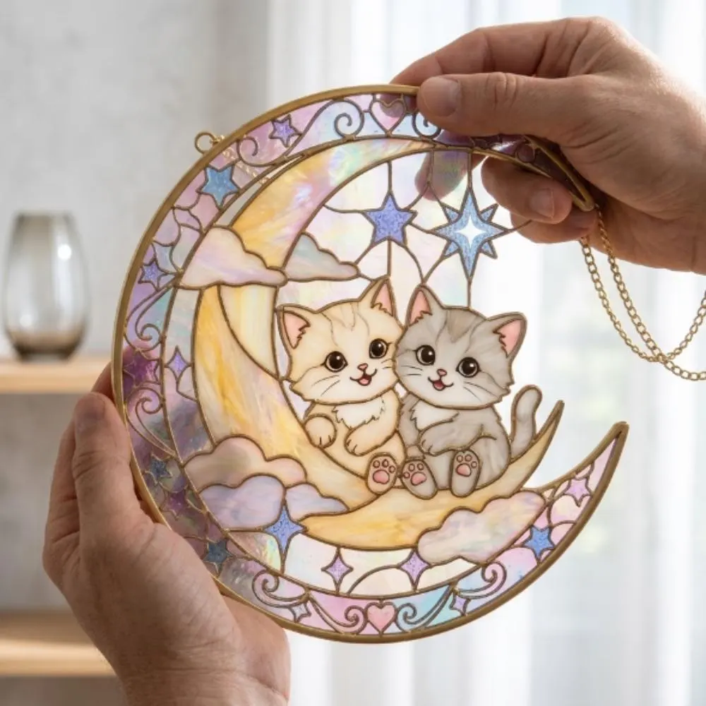Two Kittens on Crescent Moon Stained Glass Suncatcher, Celestial Cat Window Hanging, Iridescent Moon & Stars Art, Unique Gift YB1603 - Media 4