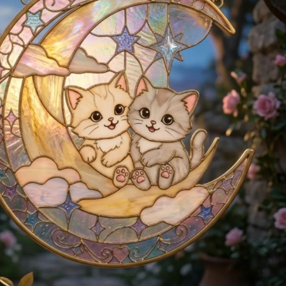 Two Kittens on Crescent Moon Stained Glass Suncatcher, Celestial Cat Window Hanging, Iridescent Moon & Stars Art, Unique Gift YB1603 - Media 5
