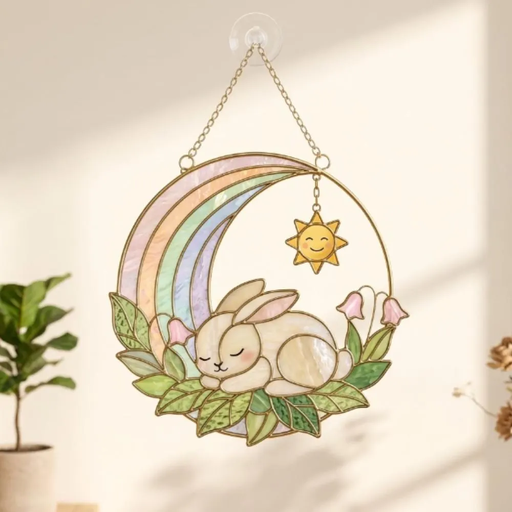 Whimsical Sleeping Rainbow Suncatcher, Pastel Nursery Window Decor, Magic Sun & Rabbit Glass Art, Heartwarming Baby Shower Gift YB1603