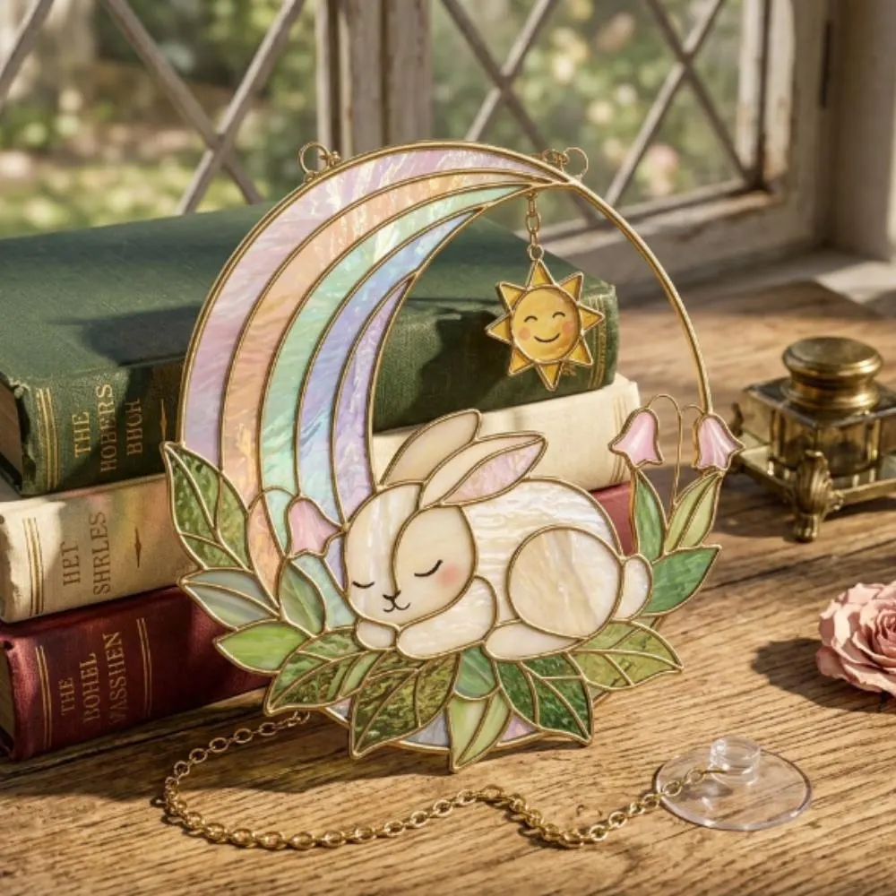 Whimsical Sleeping Rainbow Suncatcher, Pastel Nursery Window Decor, Magic Sun & Rabbit Glass Art, Heartwarming Baby Shower Gift YB1603 - Media 2
