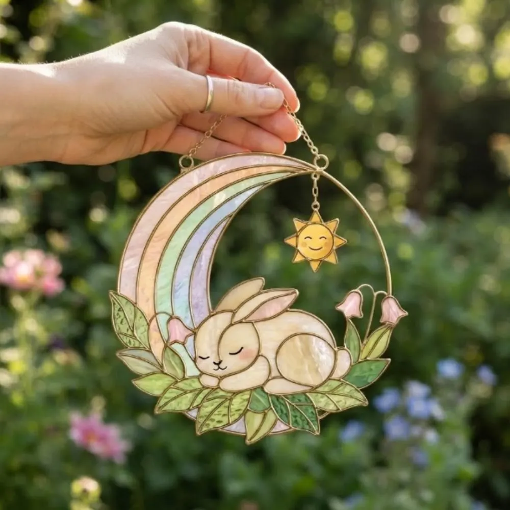 Whimsical Sleeping Rainbow Suncatcher, Pastel Nursery Window Decor, Magic Sun & Rabbit Glass Art, Heartwarming Baby Shower Gift YB1603 - Media 3
