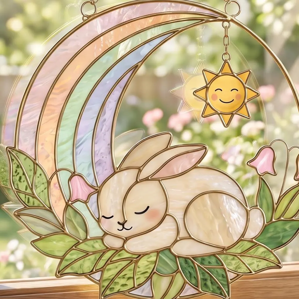 Whimsical Sleeping Rainbow Suncatcher, Pastel Nursery Window Decor, Magic Sun & Rabbit Glass Art, Heartwarming Baby Shower Gift YB1603 - Media 4