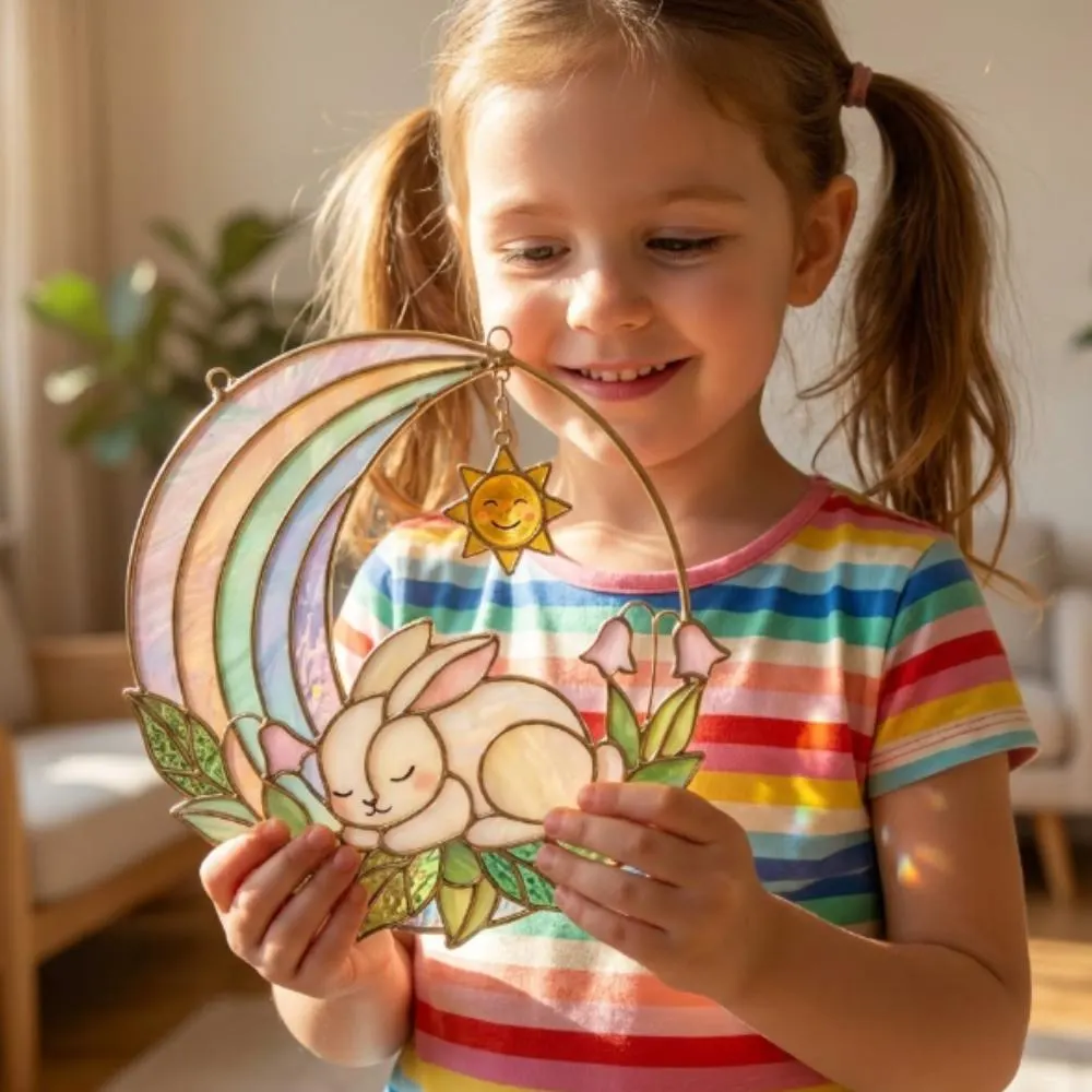 Whimsical Sleeping Rainbow Suncatcher, Pastel Nursery Window Decor, Magic Sun & Rabbit Glass Art, Heartwarming Baby Shower Gift YB1603 - Media 5