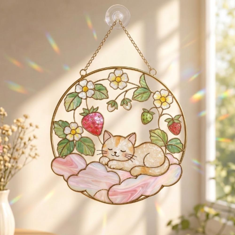 Sleeping Cat & Strawberry Stained Glass Suncatcher, Whimsical Pink Cloud Window Decor, Kawaii Rainbow Maker, Unique Gift YB1603