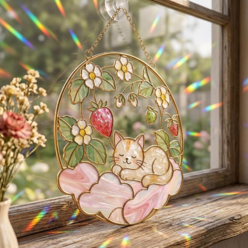 Sleeping Cat & Strawberry Stained Glass Suncatcher, Whimsical Pink Cloud Window Decor, Kawaii Rainbow Maker, Unique Gift YB1603 - Media 2