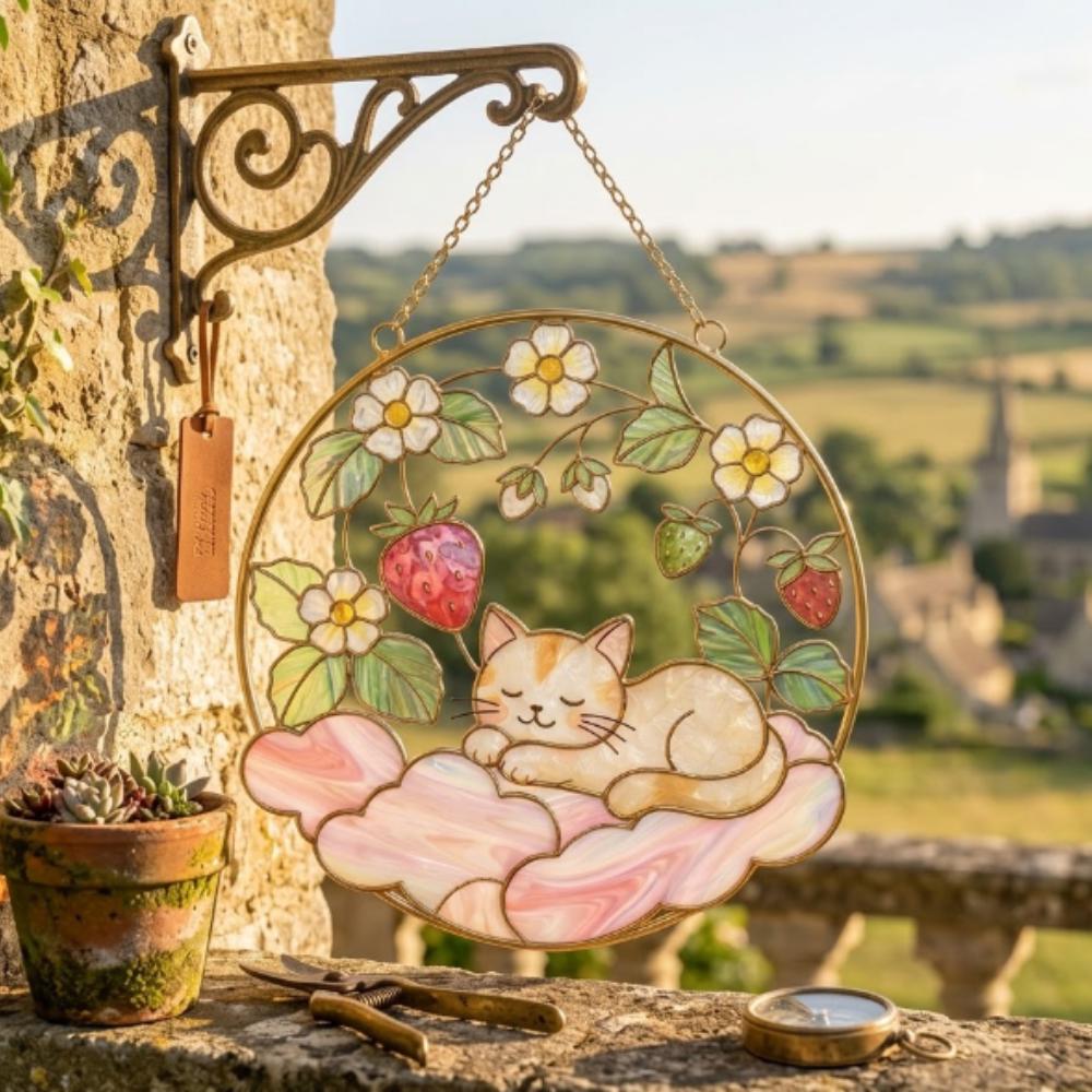 Sleeping Cat & Strawberry Stained Glass Suncatcher, Whimsical Pink Cloud Window Decor, Kawaii Rainbow Maker, Unique Gift YB1603 - Media 3