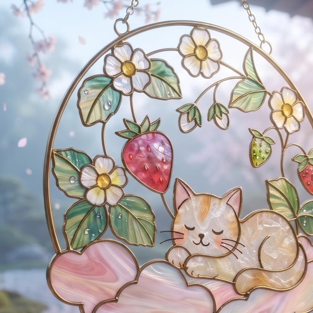 Sleeping Cat & Strawberry Stained Glass Suncatcher, Whimsical Pink Cloud Window Decor, Kawaii Rainbow Maker, Unique Gift YB1603 - Media 4