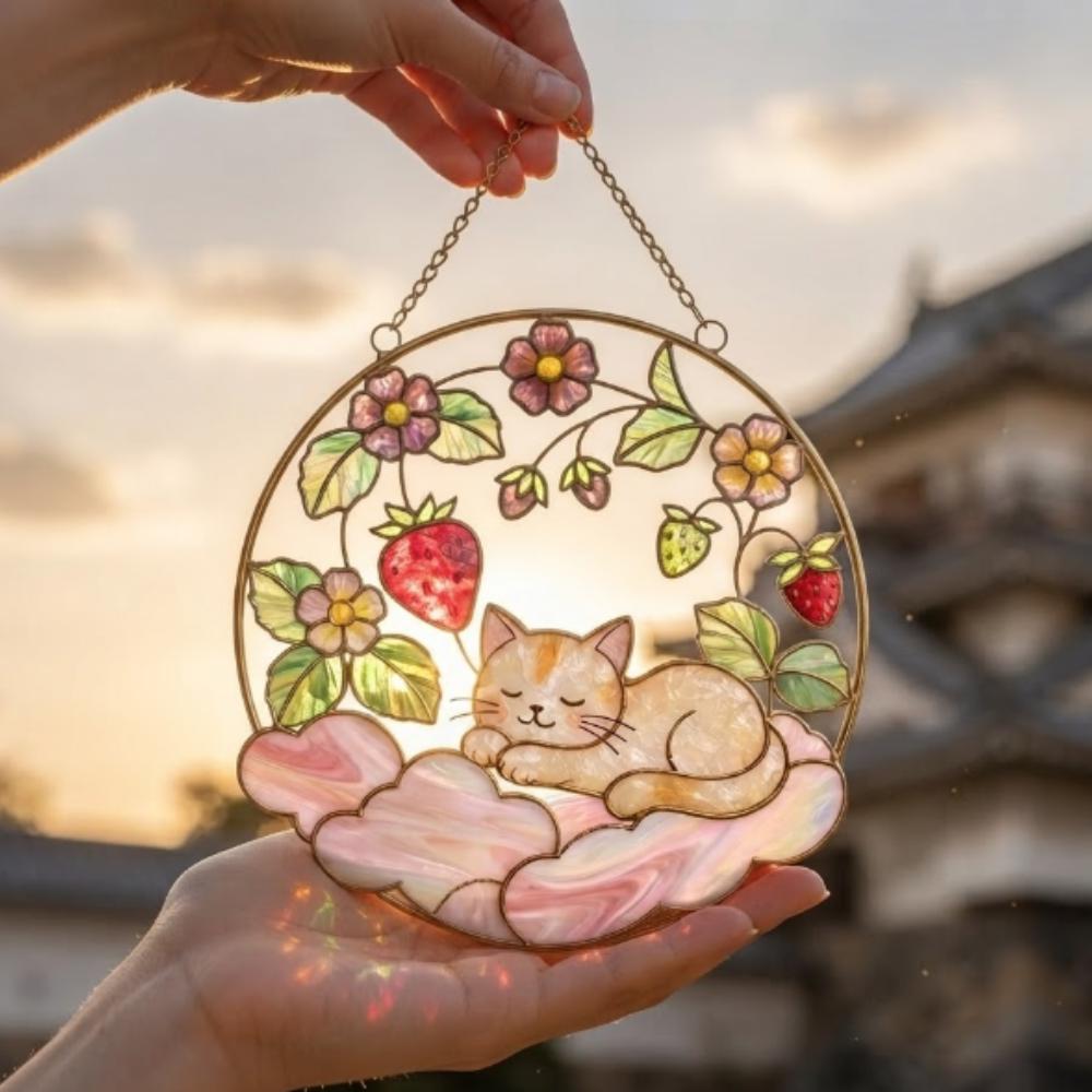 Sleeping Cat & Strawberry Stained Glass Suncatcher, Whimsical Pink Cloud Window Decor, Kawaii Rainbow Maker, Unique Gift YB1603 - Media 5
