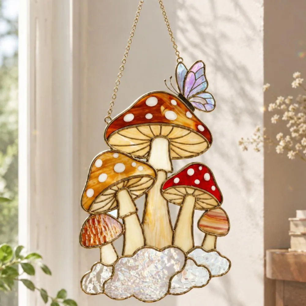 Whimsical Mushroom & Butterfly Stained Glass Suncatcher, Cottagecore Window Hanging Decor, Fairy Garden Art, Unique Nature Gift YB1603