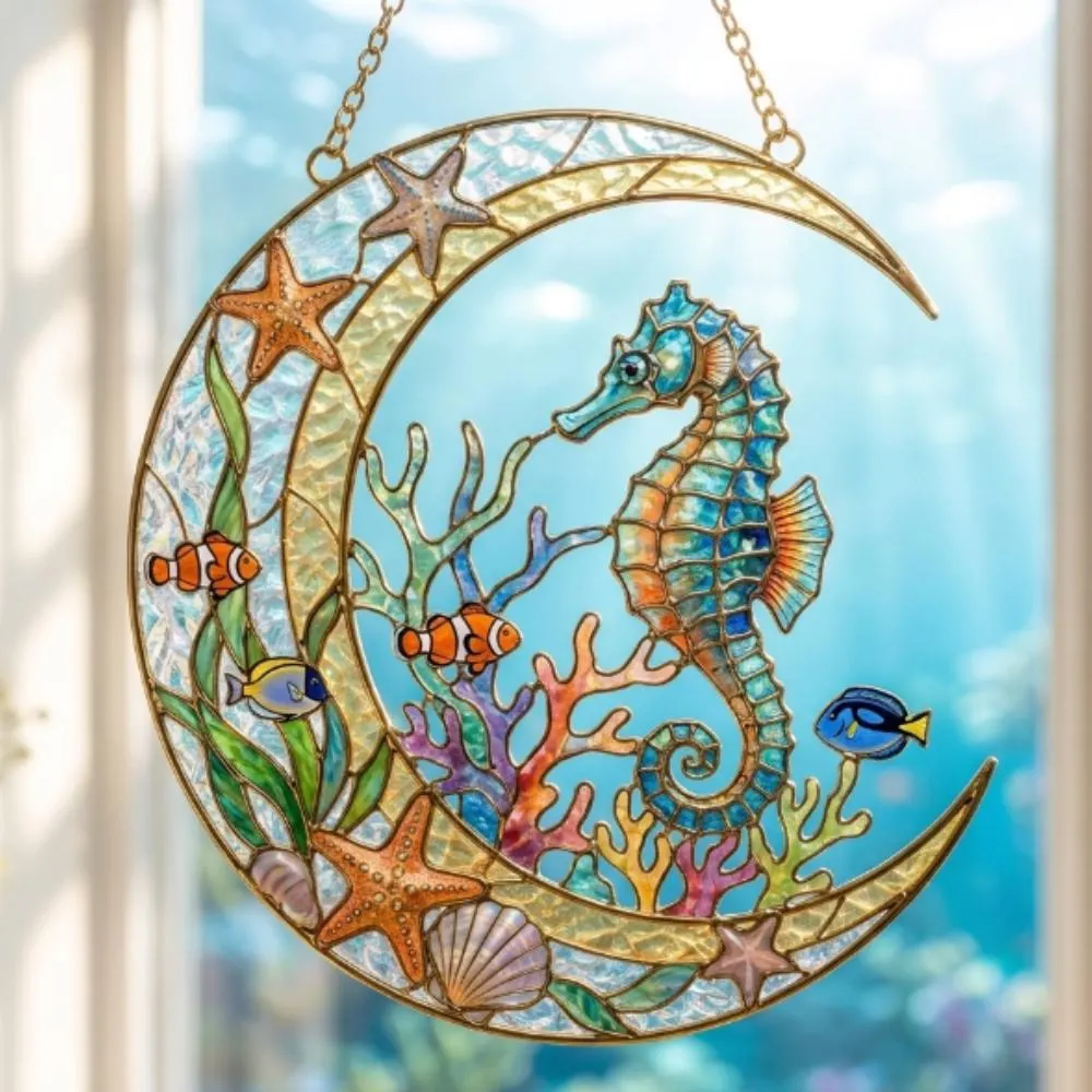 Seahorse Crescent Moon Suncatcher, Iridescent Ocean Window Hanging, Stained Glass Style Coral Reef Decor, Tropical Fish Art YB1603