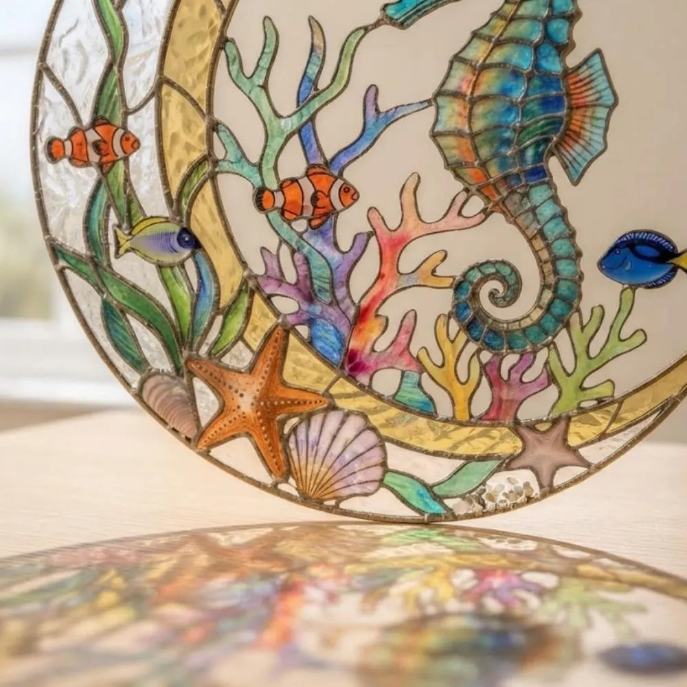 Seahorse Crescent Moon Suncatcher, Iridescent Ocean Window Hanging, Stained Glass Style Coral Reef Decor, Tropical Fish Art YB1603 - Media 2