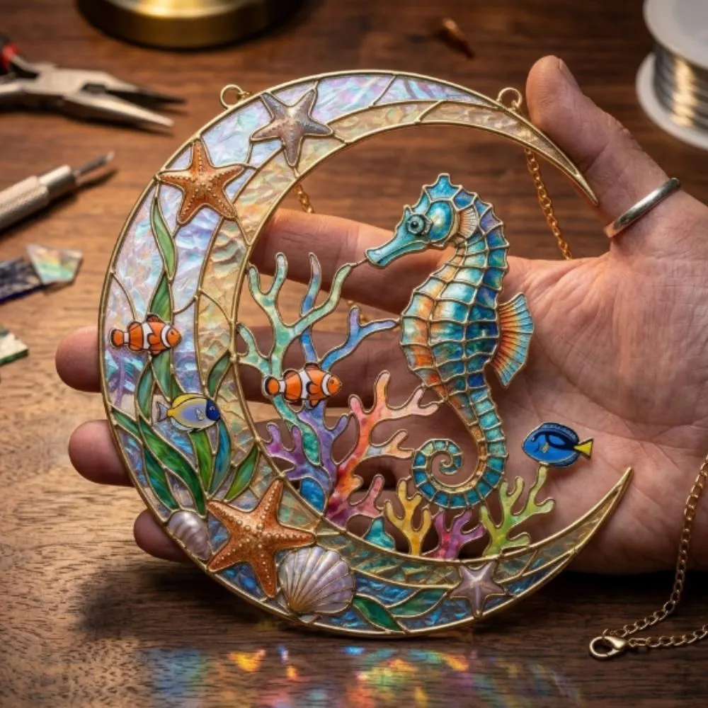 Seahorse Crescent Moon Suncatcher, Iridescent Ocean Window Hanging, Stained Glass Style Coral Reef Decor, Tropical Fish Art YB1603 - Media 3
