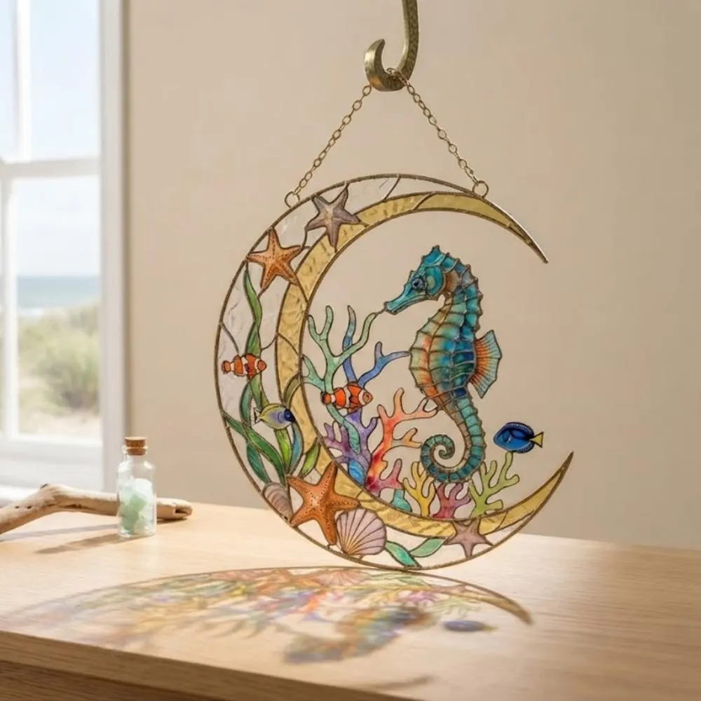 Seahorse Crescent Moon Suncatcher, Iridescent Ocean Window Hanging, Stained Glass Style Coral Reef Decor, Tropical Fish Art YB1603 - Media 4