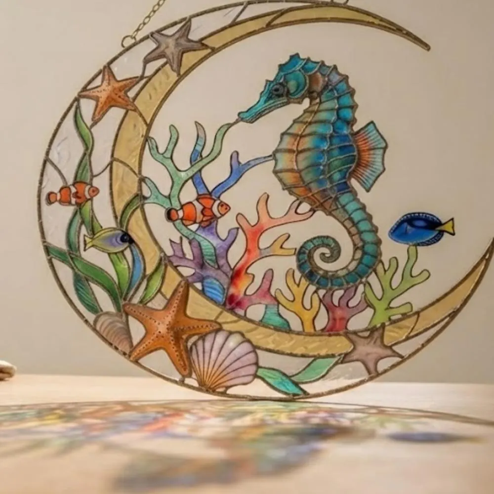 Seahorse Crescent Moon Suncatcher, Iridescent Ocean Window Hanging, Stained Glass Style Coral Reef Decor, Tropical Fish Art YB1603 - Media 5