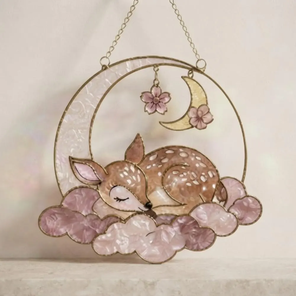 Sleeping Deer Fawn Suncatcher, Pink Iridescent Clouds Window Hanging, Celestial Nursery Decor for Baby Girl, Whimsical Woodland Gift YB1603