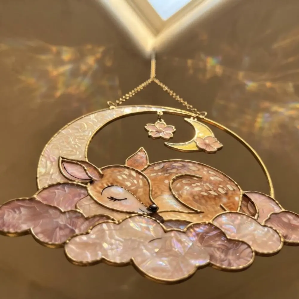 Sleeping Deer Fawn Suncatcher, Pink Iridescent Clouds Window Hanging, Celestial Nursery Decor for Baby Girl, Whimsical Woodland Gift YB1603 - Media 2