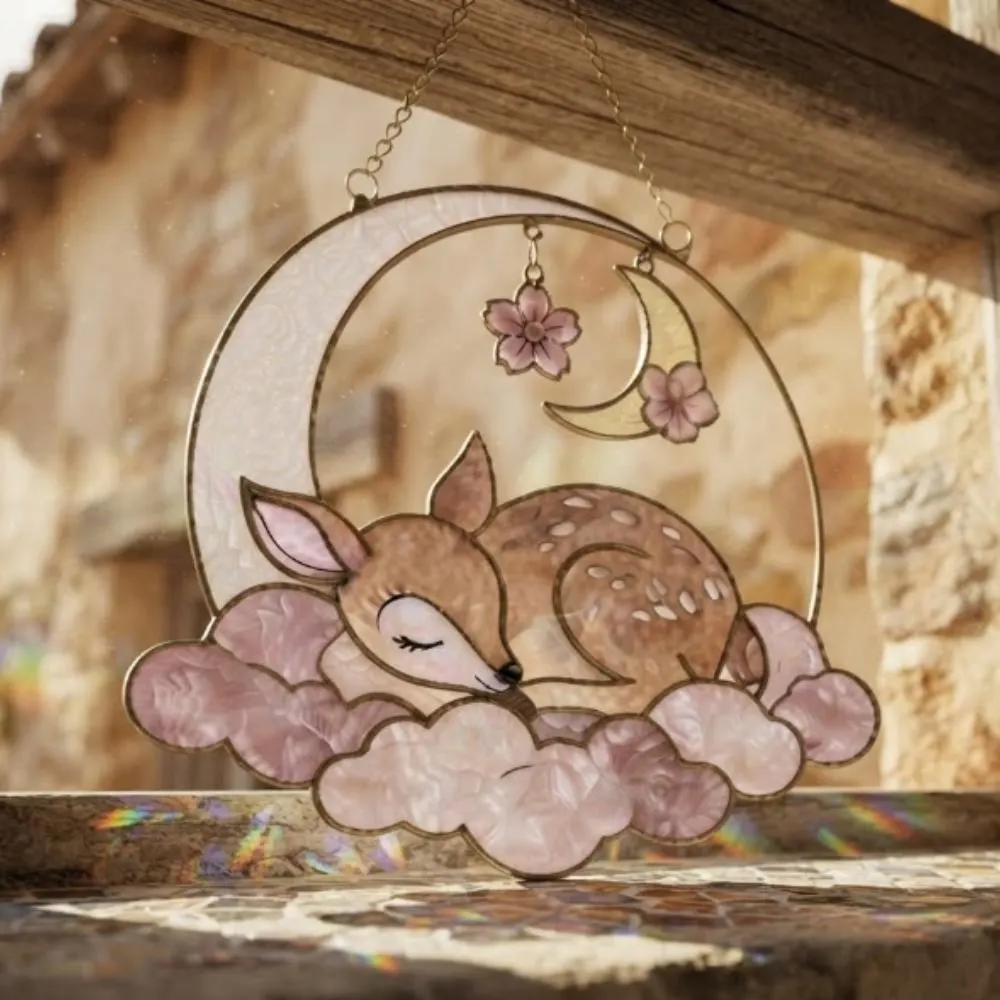 Sleeping Deer Fawn Suncatcher, Pink Iridescent Clouds Window Hanging, Celestial Nursery Decor for Baby Girl, Whimsical Woodland Gift YB1603 - Media 3