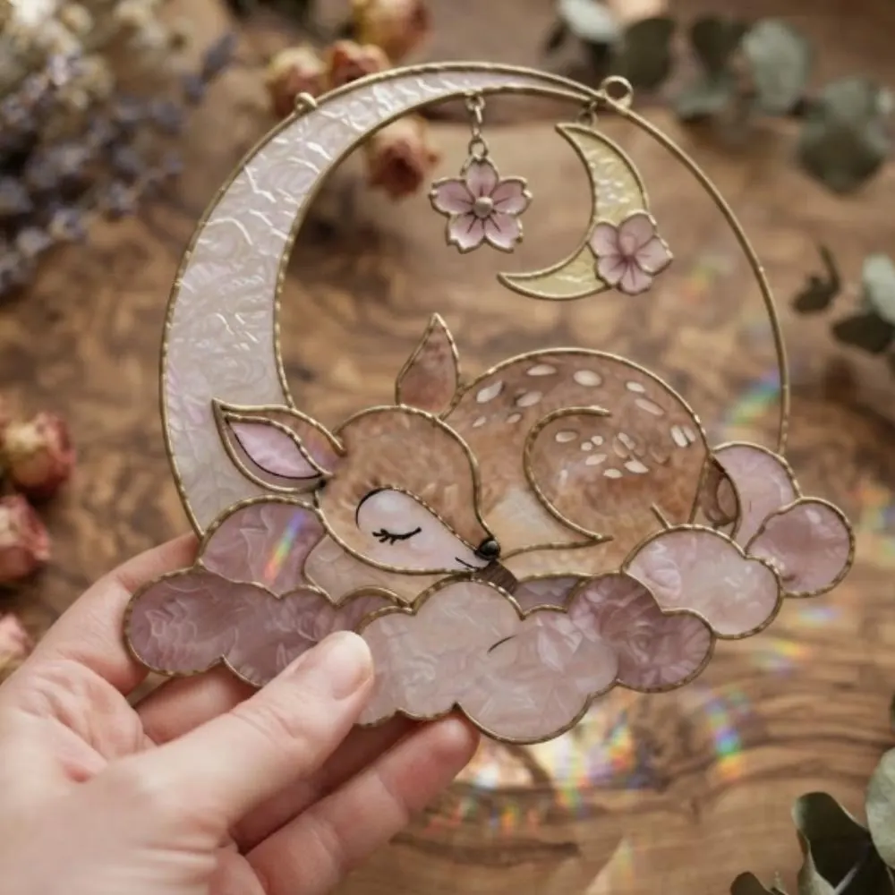 Sleeping Deer Fawn Suncatcher, Pink Iridescent Clouds Window Hanging, Celestial Nursery Decor for Baby Girl, Whimsical Woodland Gift YB1603 - Media 4