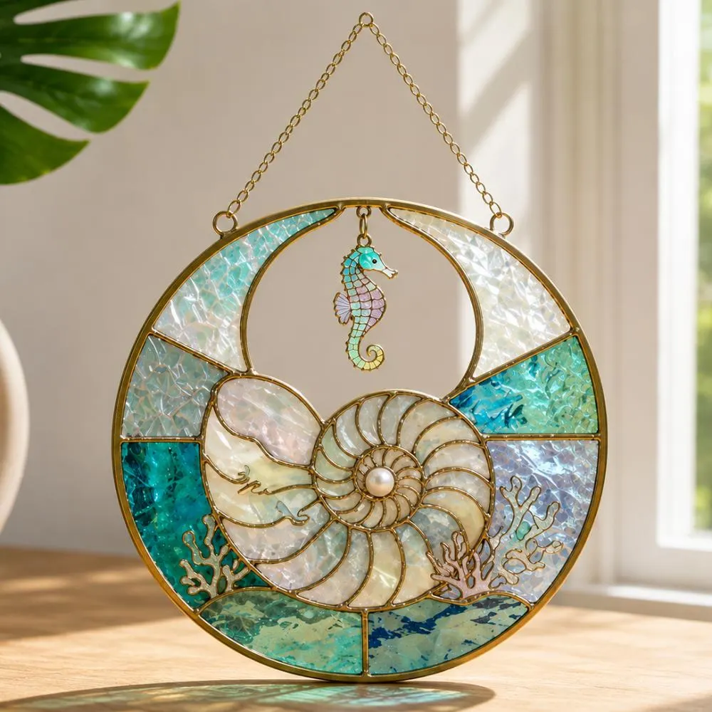 Seahorse and Nautilus Shell Suncatcher, Iridescent Coastal Window Hanging, Stained Glass Style Ocean Decor, Beach House Gift YB1603