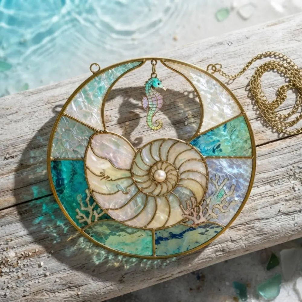 Seahorse and Nautilus Shell Suncatcher, Iridescent Coastal Window Hanging, Stained Glass Style Ocean Decor, Beach House Gift YB1603 - Media 2