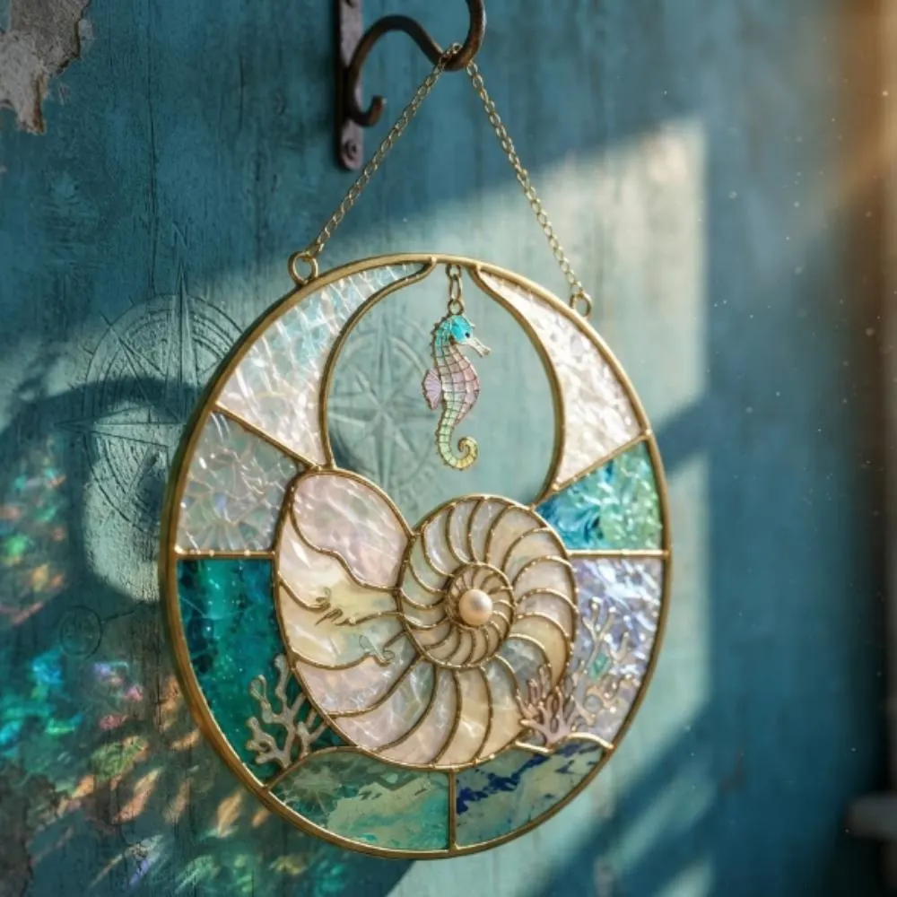 Seahorse and Nautilus Shell Suncatcher, Iridescent Coastal Window Hanging, Stained Glass Style Ocean Decor, Beach House Gift YB1603 - Media 3